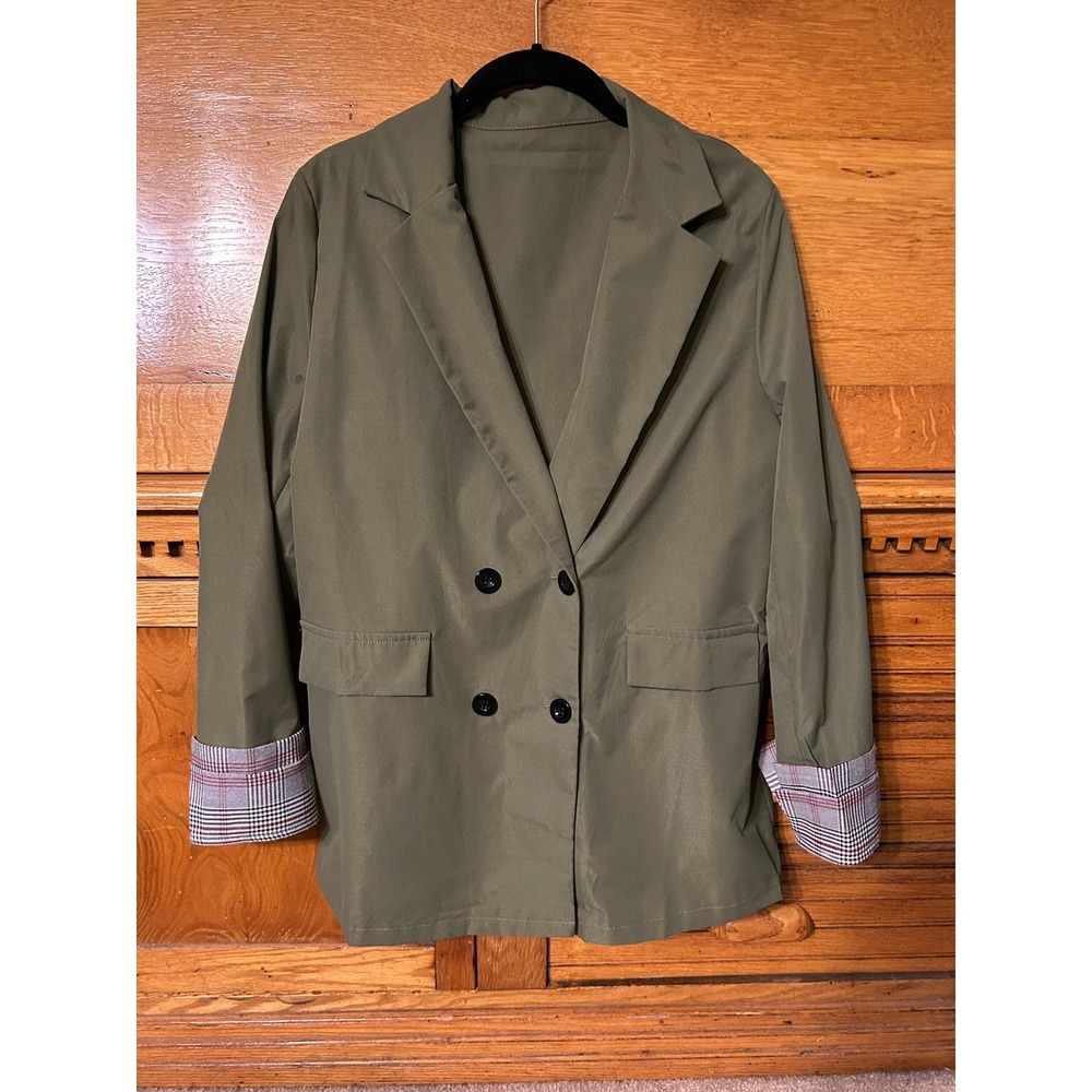 Quiet Luxury Oversized Olive Green‎ Double Breasted Blazer Plaid Cuffs Old Money